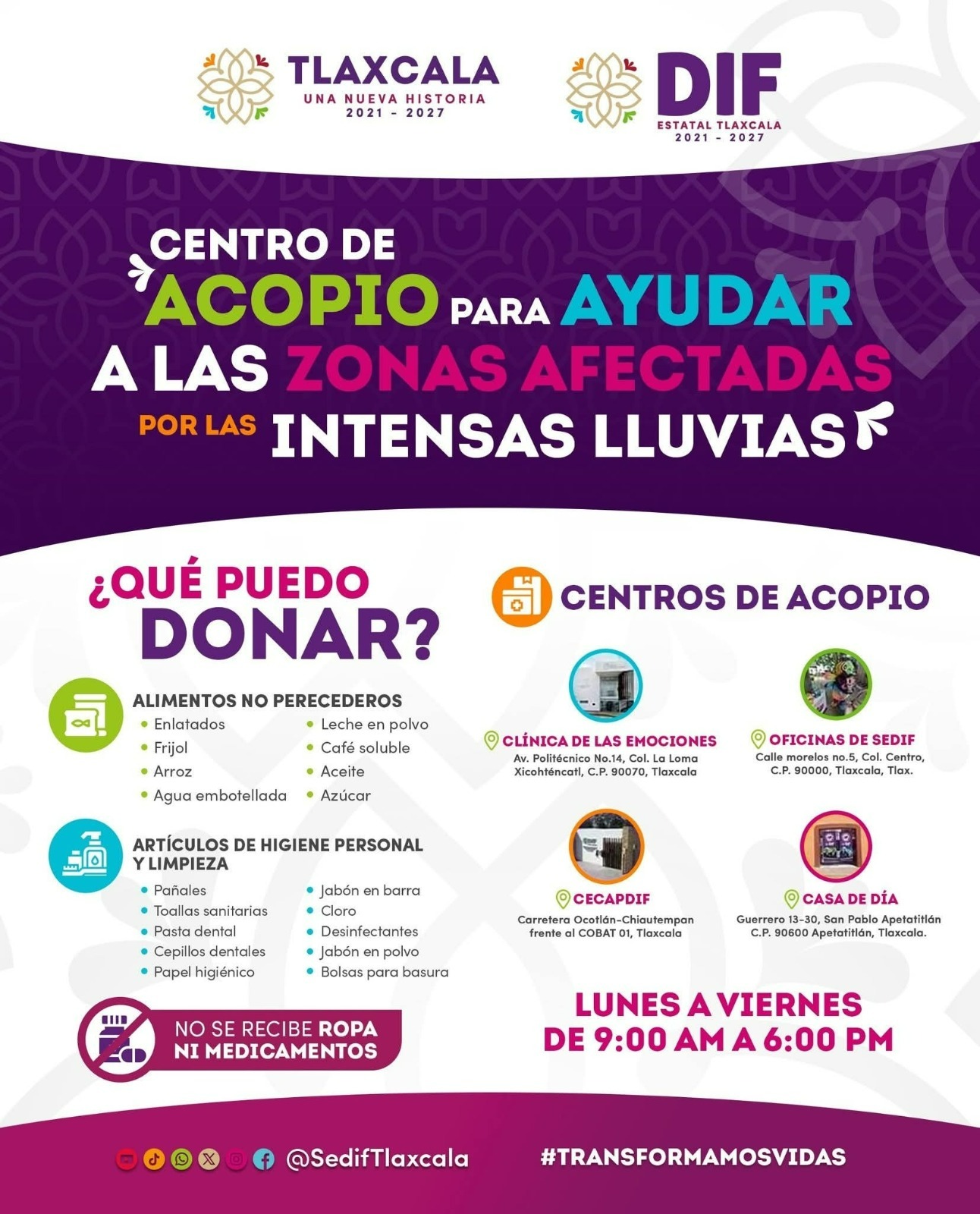 Sedif abre centros de acopio para apoyar a familias afectadas por las lluvias en Veracruz, Puebla, Hidalgo y Tlaxcala